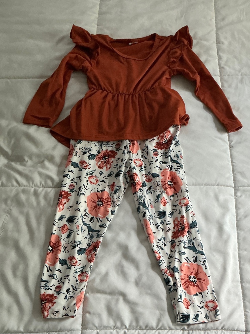 Rust Long Sleeve Peplum Top & Floral Leggings Set
